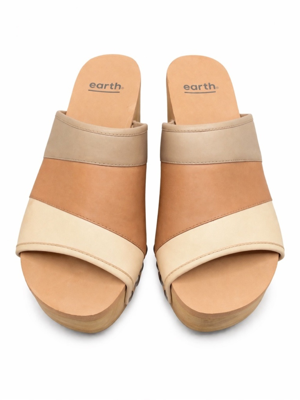 Earth Leather Wedge Slide Sandals Neutral‎ Colorblock Comfort Chic- 8.5